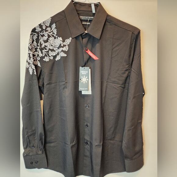 New Black Embroidered Men's Shirt Formal Party Button Up Dress Shirt L - Picture 2 of 10